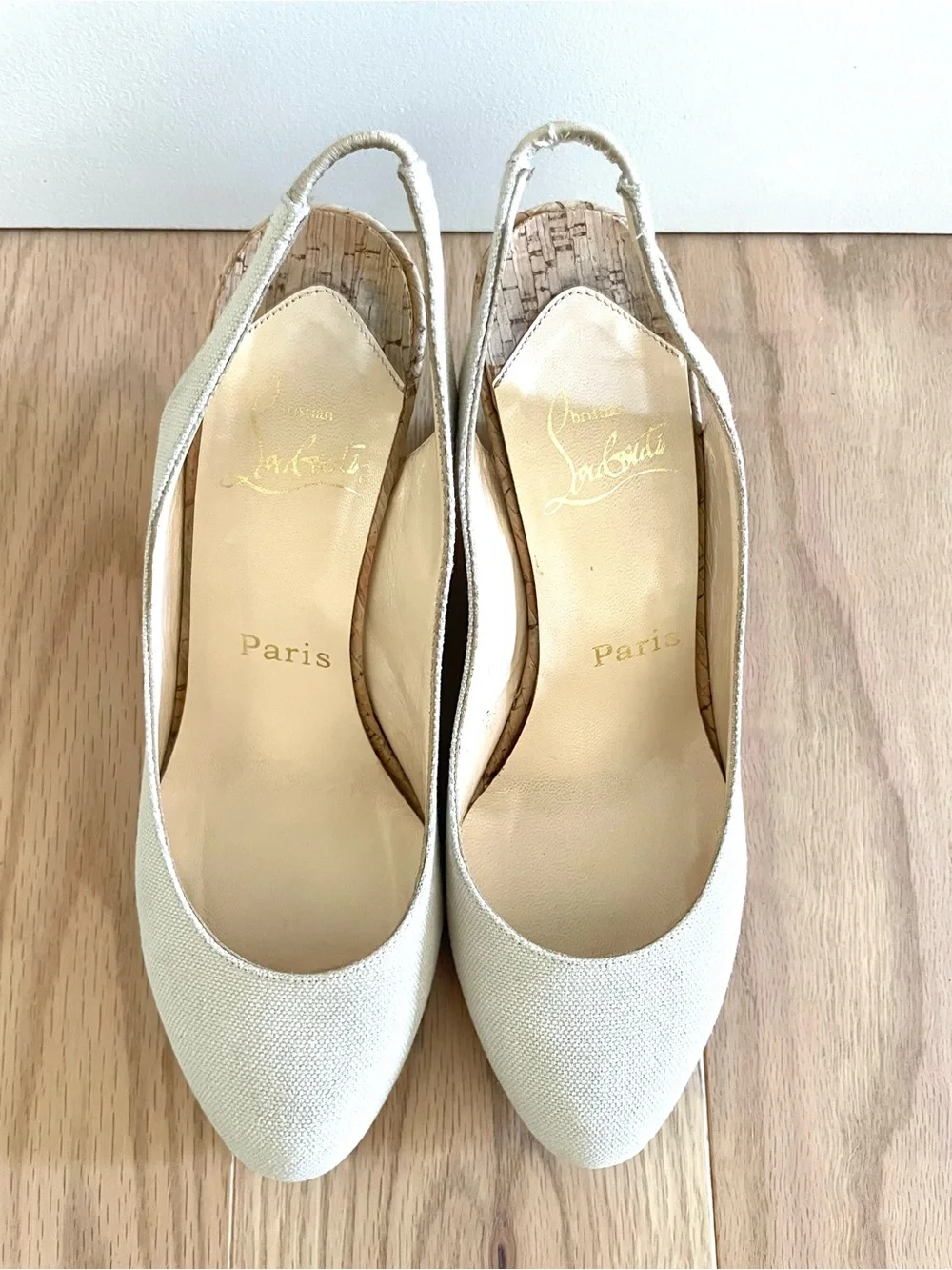 Christian Louboutin Bebe-Fusee Sculptural Canvas Cork Wedge Slingbacks 37